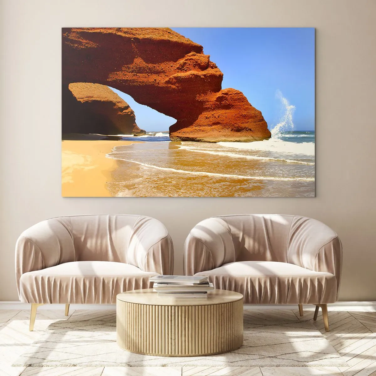 Cuadro sobre vidrio - Impresiones sobre Vidrio - Arcos de roca roja sobre la playa y el océano. - 120x80cm - El agua y el viento a través de miles de años - Decoración de pared moderna para salón y dormitorio ARTTOR