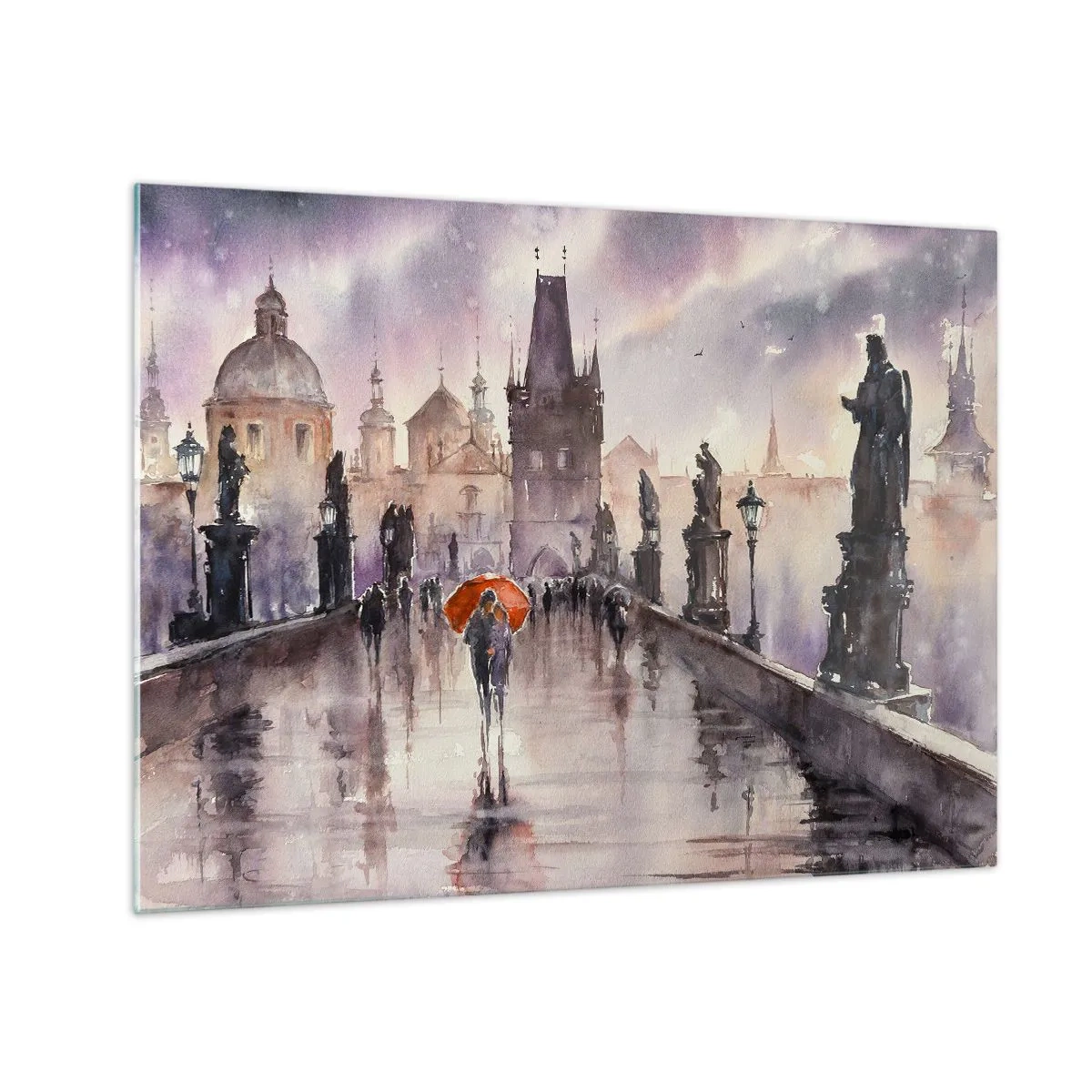 Cuadro sobre vidrio - Impresiones sobre Vidrio - Caminando bajo la lluvia por un puente con un paraguas naranja - 70x50cm - La gente no cambia - Decoración de pared moderna para salón y dormitorio ARTTOR