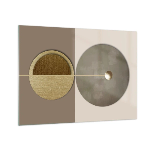 Cuadro sobre vidrio - Impresiones sobre Vidrio - Círculos y líneas doradas en una composición armoniosa. - 70x50cm - Equilibrio perfecto - Decoración de pared moderna para salón y dormitorio ARTTOR