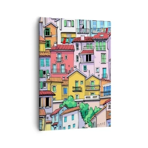 Cuadro sobre lienzo - Impresión de Imagen - Casas de vecindad coloridas en un estilo animado y alegre - 50x70cm - Ciudad alegre - Decoración de pared moderna para salón y dormitorio ARTTOR