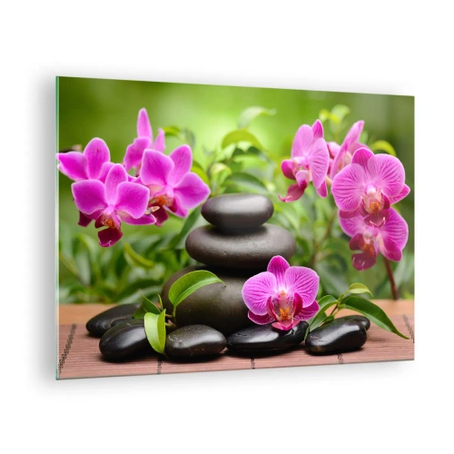 Cuadro sobre vidrio - Impresiones sobre Vidrio - Orquídeas rosas y piedras negras en un entorno tranquilo. - 70x50cm - Una pirámide de paz - Decoración de pared moderna para salón y dormitorio ARTTOR