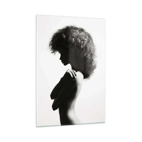 Cuadro sobre vidrio - Impresiones sobre Vidrio - Una silueta sutil de una mujer en tonos blanco y negro sobre un fondo claro. - 80x120cm - Como una flor en un tallo delgado - Decoración de pared moderna para salón y dormitorio ARTTOR