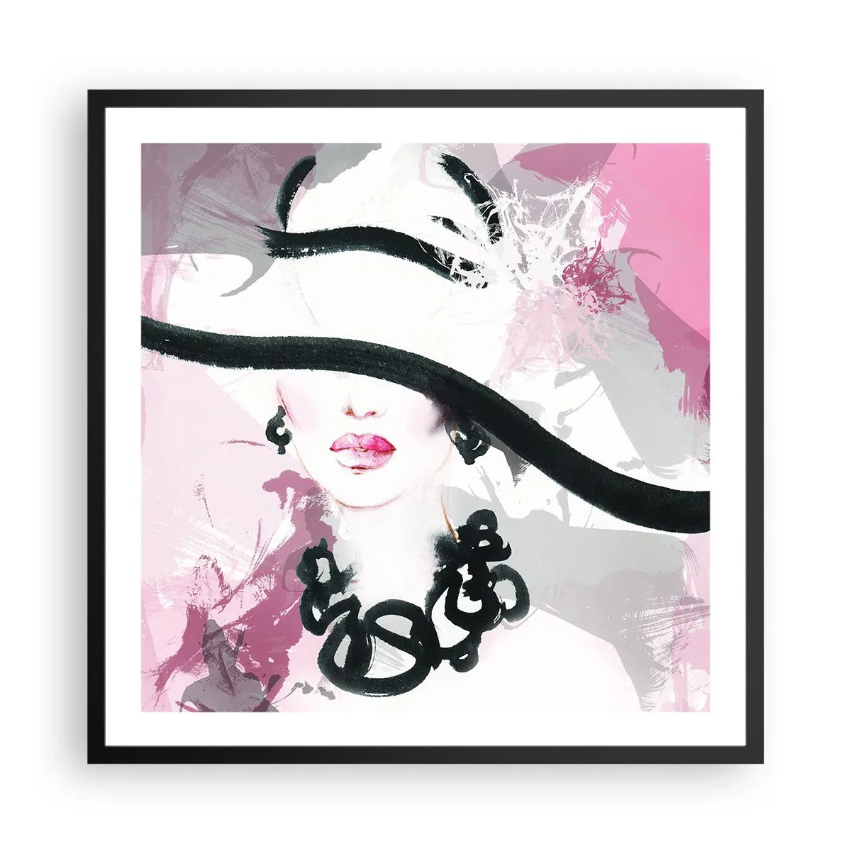 Póster en marco negro - Retrato de una dama en negro y rosa - 60x60 cm