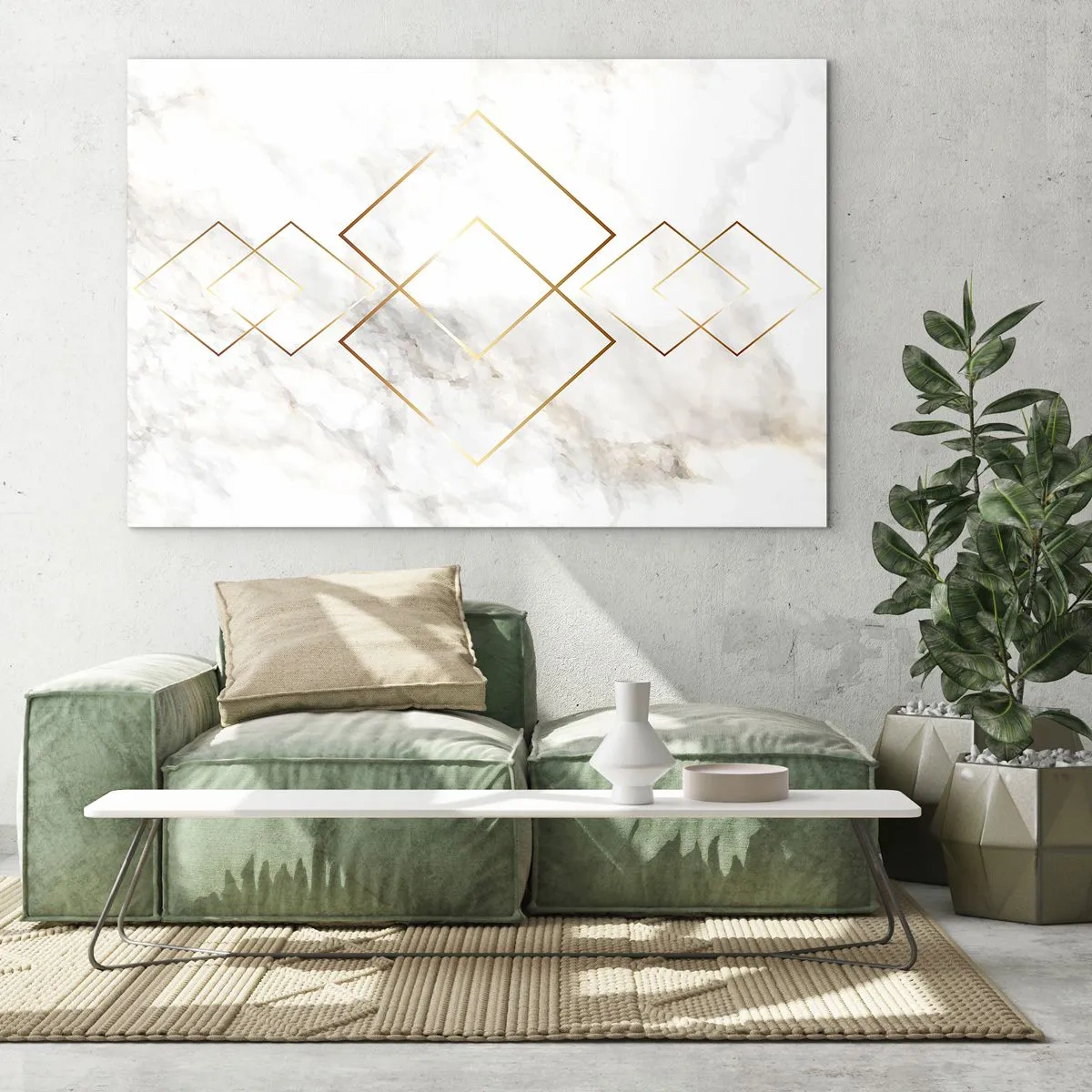 Cuadro sobre vidrio - Impresiones sobre Vidrio - Rombos geométricos dorados sobre un fondo de mármol blanco - 70x50cm - Una vista al infinito - Decoración de pared moderna para salón y dormitorio ARTTOR