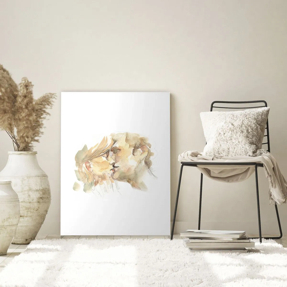 Cuadro sobre vidrio - Impresiones sobre Vidrio - Retrato romántico en acuarela de una pareja besándose. - 80x120cm - ¿La media naranja encontrada? - Decoración de pared moderna para salón y dormitorio ARTTOR