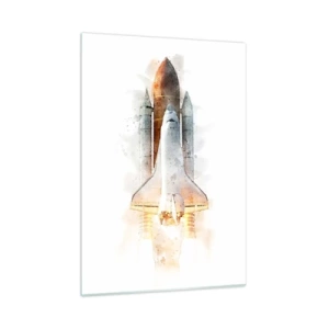 Cuadro sobre vidrio - Impresiones sobre Vidrio - Un transbordador espacial despegando en estilo acuarela sobre un fondo blanco. - 50x70cm - El comienzo de la exploración - Decoración de pared moderna para salón y dormitorio ARTTOR