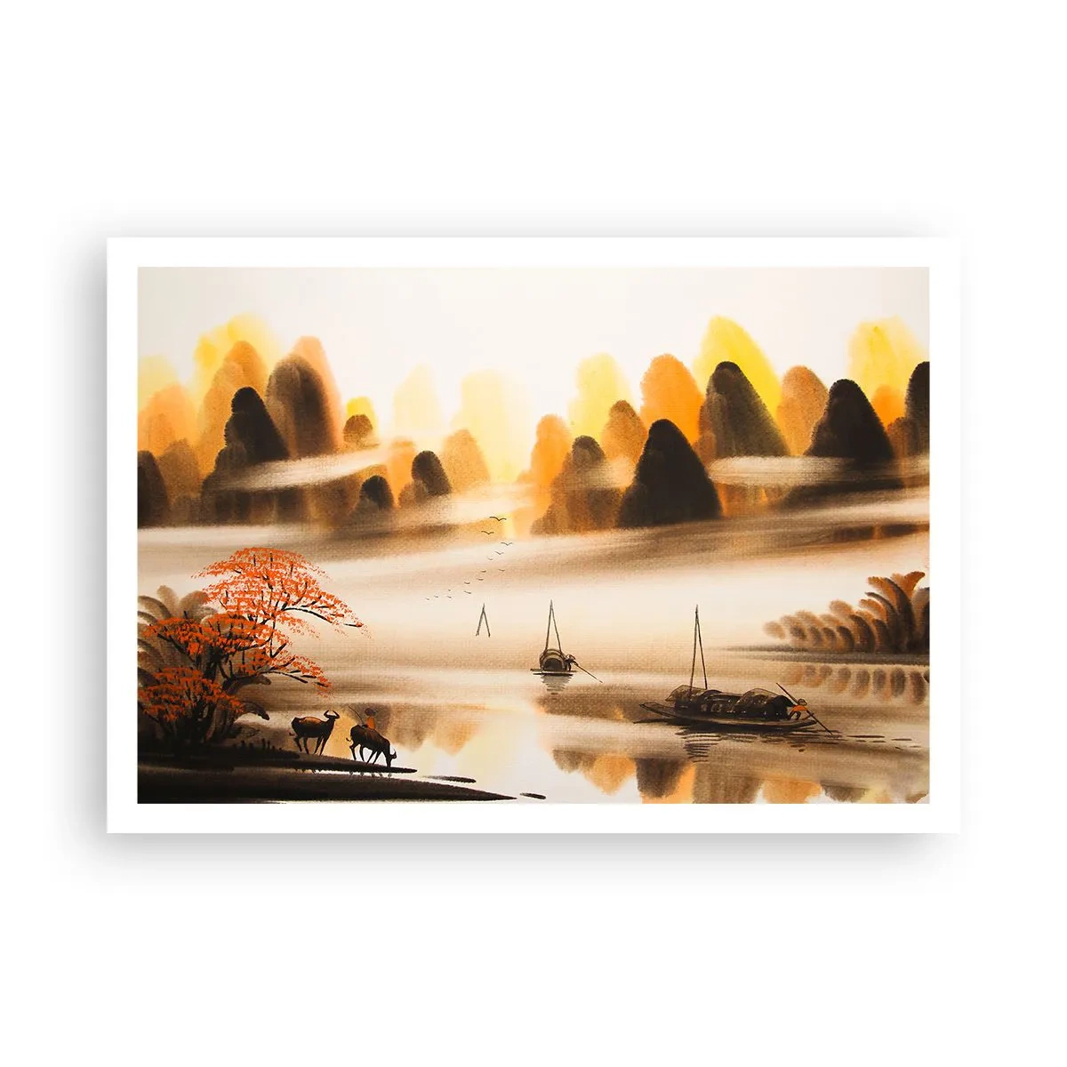 Póster - Un paisaje oriental con un río, montañas y una suave niebla. - 100x70cm - Más allá del Lejano Oriente - Decoración de pared moderna para salón y dormitorio ARTTOR