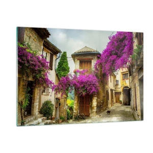 Cuadro sobre vidrio - Impresiones sobre Vidrio - Una calle encantadora con vides rosas en flor y casas de vecindad. - 120x80cm - Bajo un manto de flores - Decoración de pared moderna para salón y dormitorio ARTTOR
