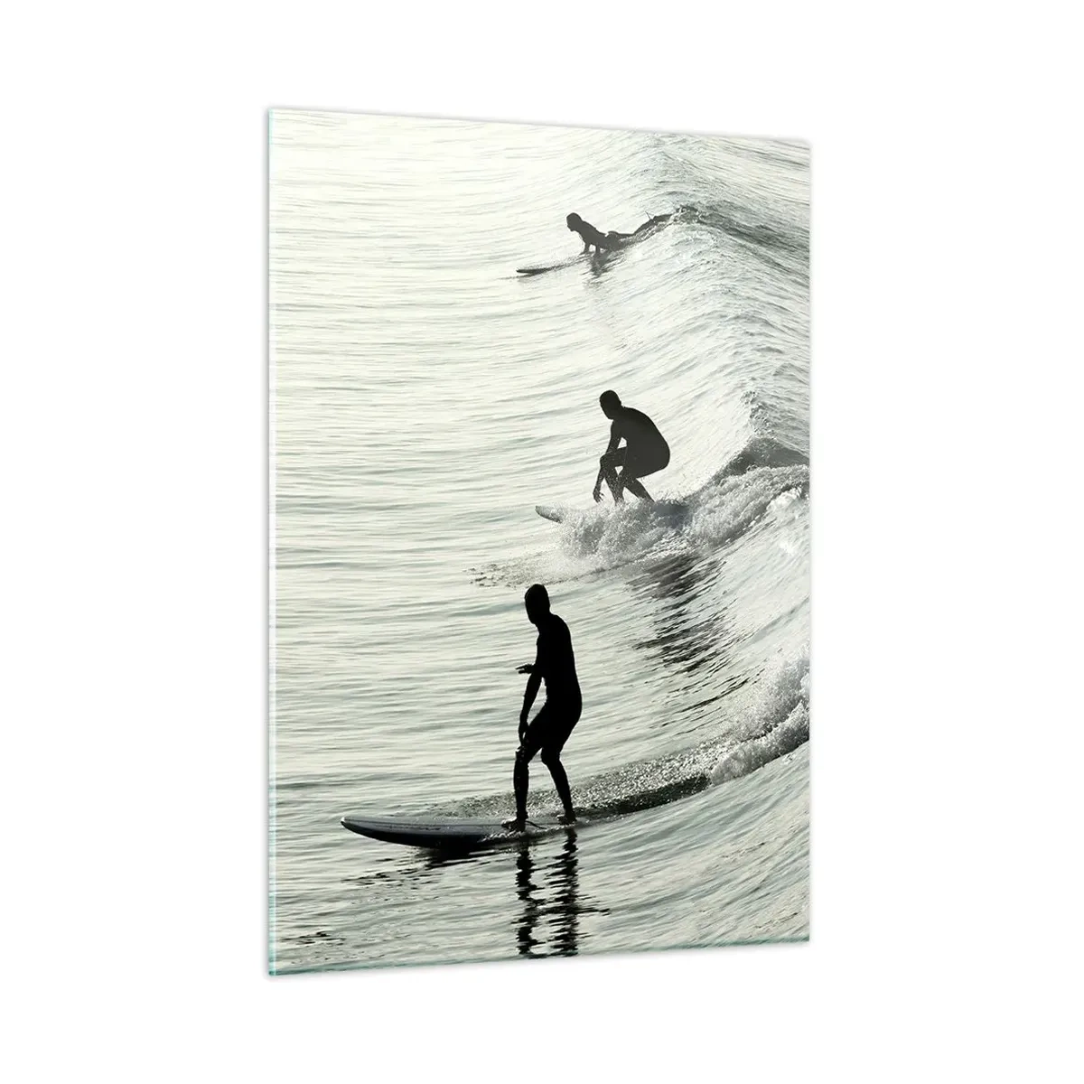 Cuadro sobre vidrio - Impresiones sobre Vidrio - Tres surfistas montando las olas por la mañana. - 50x70cm - Al encuentro de la ola - Decoración de pared moderna para salón y dormitorio ARTTOR