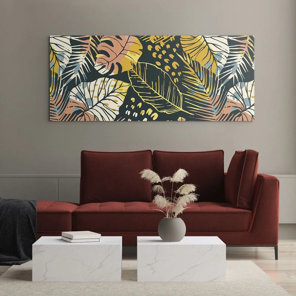 Cuadro sobre vidrio - Impresiones sobre Vidrio - Hojas coloridas sobre un fondo oscuro - 160x50cm - Una frondosa fantasía - Decoración de pared moderna para salón y dormitorio ARTTOR