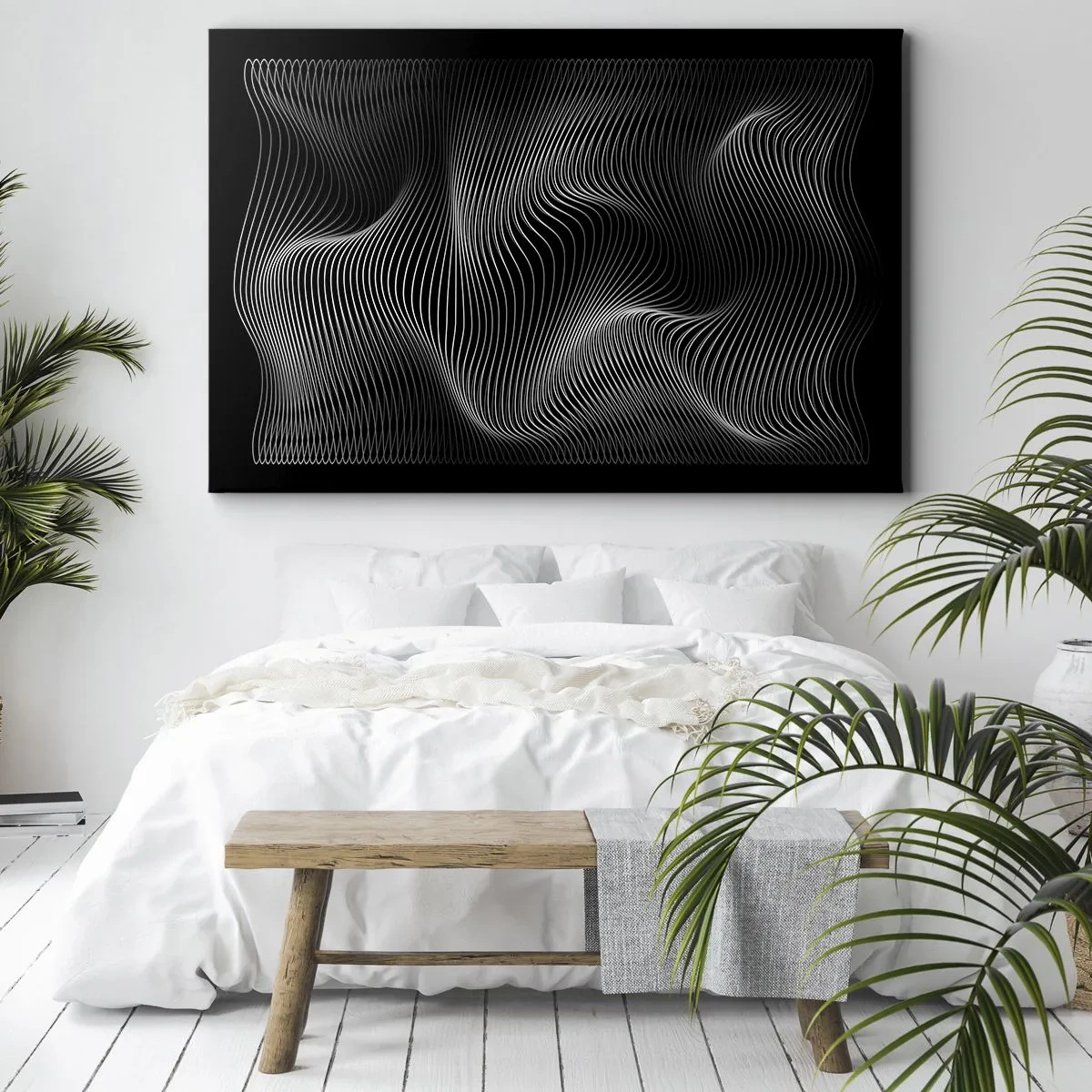 Cuadro sobre lienzo - Impresión de Imagen - Líneas blancas abstractas sobre un fondo negro - 100x70cm - La danza de la luz en el espacio - Decoración de pared moderna para salón y dormitorio ARTTOR
