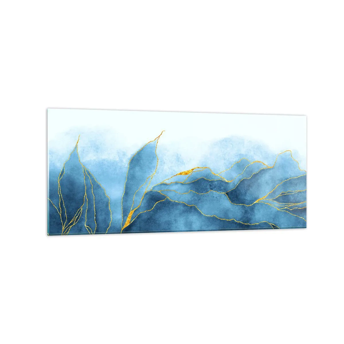 Cuadro sobre vidrio - Impresiones sobre Vidrio - Ondas abstractas en tonos azules con acentos dorados. - 120x50cm - Oro y azul - Decoración de pared moderna para salón y dormitorio ARTTOR