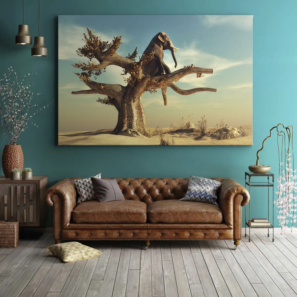 Cuadro sobre lienzo - Impresión de Imagen - Un elefante sentado en un árbol en un paisaje surrealista. - 120x80cm - Un nuevo punto de vista - Decoración de pared moderna para salón y dormitorio ARTTOR