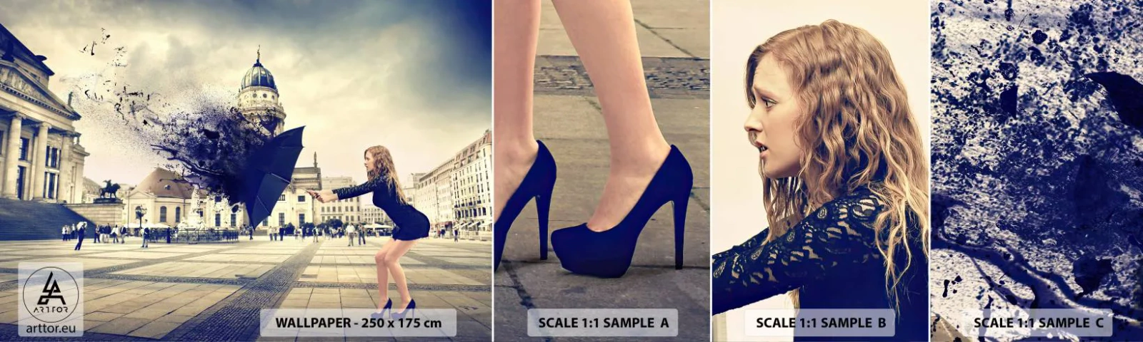 Muestra de fotomural autoadhesivo Deluxe Sticker - Hay un viento tan... - Mujer, Ciudad, Paraguas misterioso - 100x30 cm