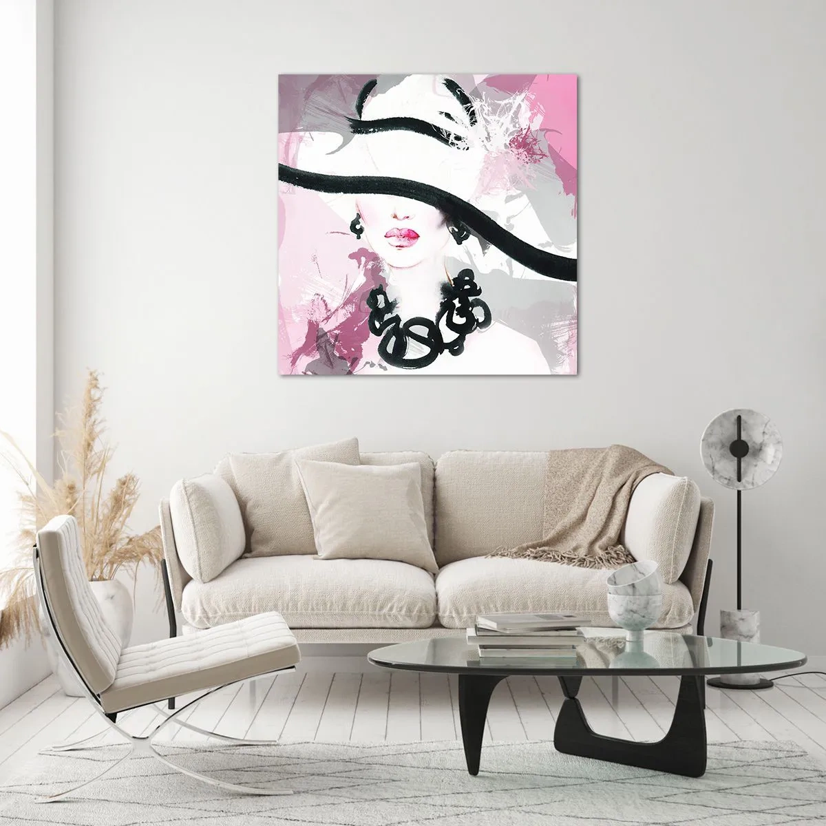 Cuadro sobre vidrio - Impresiones sobre Vidrio - Retrato de una dama en negro y rosa - 60x60 cm