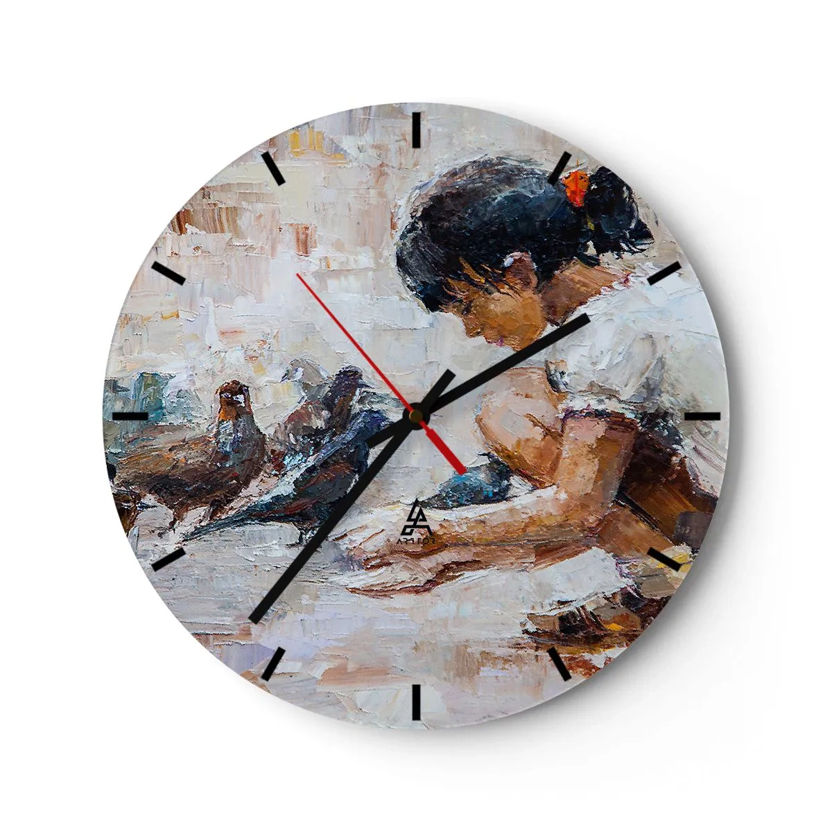 Reloj de pared - Reloj de vidrio - Una niña alimentando palomas sobre un fondo pintado. - 30x30cm - Pequeños y dulces - Decoración de pared moderna para salón, cocina y dormitorio ARTTOR