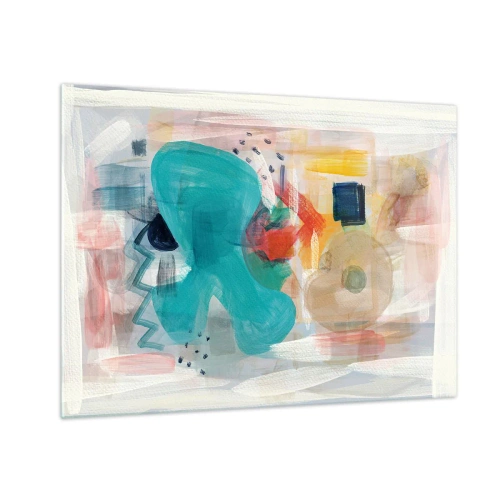Cuadro sobre vidrio - Impresiones sobre Vidrio - Una abstracción colorida con toques de turquesa, rojo y beige. - 70x50cm - Un juego de colores - Decoración de pared moderna para salón y dormitorio ARTTOR