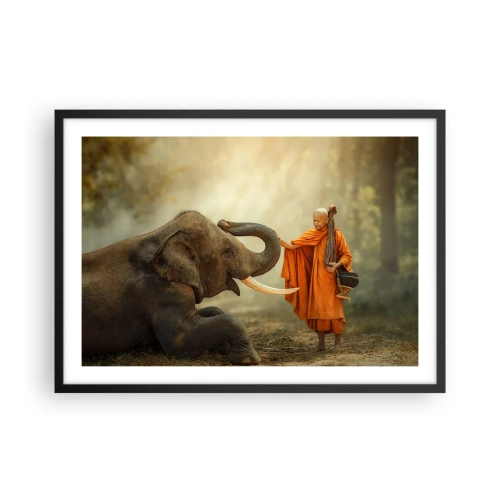 Póster en marco negro - Un monje y un elefante en armonía con la naturaleza como telón de fondo. - 70x50cm - Un encuentro en un viaje - Decoración de pared moderna para salón y dormitorio ARTTOR
