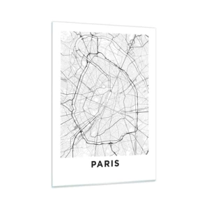 Cuadro sobre vidrio - Impresiones sobre Vidrio - Mapa de la ciudad en blanco y negro con cuadrícula de calles y arterias circulares - 50x70cm - Flor de París - Decoración de pared moderna para salón y dormitorio ARTTOR