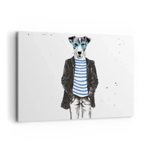 Cuadro sobre lienzo - Impresión de Imagen - Retrato de un perro con gafas y camisa de marinero en estilo humorístico. - 120x80cm - El encanto del perro - Decoración de pared moderna para salón y dormitorio ARTTOR