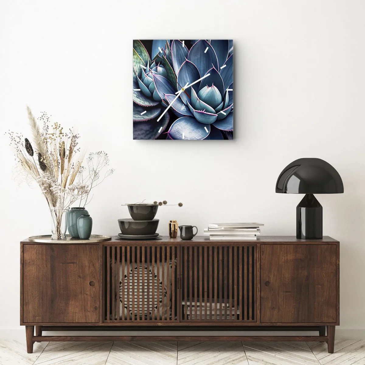 Reloj de pared - Reloj de vidrio - Agave en tonos azules y verdes con acentos rosados. - 30x30cm - Fuerza vital - Decoración de pared moderna para salón y dormitorio ARTTOR