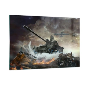 Cuadro sobre vidrio - Impresiones sobre Vidrio - Un tanque en acción con el telón de fondo de un dramático campo de batalla. - 120x80cm - La batalla es terrible y hermosa - Decoración de pared moderna para salón y dormitorio ARTTOR