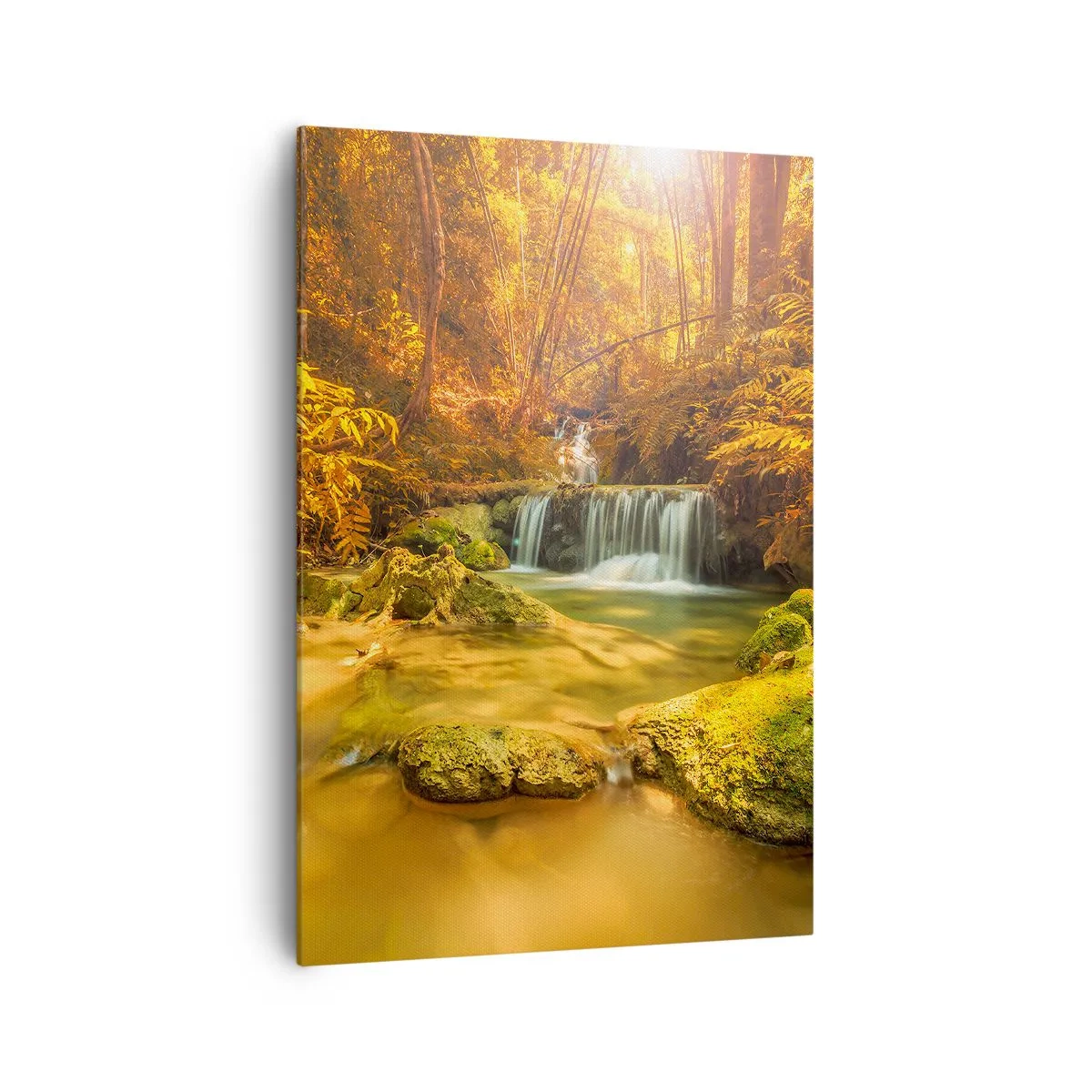 Cuadro sobre lienzo - Impresión de Imagen - Una cascada dorada en un bosque otoñal rodeado de vegetación. - 70x100cm - Cascada forestal en oro - Decoración de pared moderna para salón y dormitorio ARTTOR
