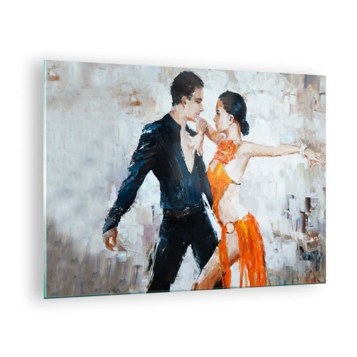 Cuadro sobre vidrio - Impresiones sobre Vidrio - Una pareja bailando en una pose dinámica frente a un fondo de estilo impresionista. - 70x50cm - Dirty dancing - Decoración de pared moderna para salón y dormitorio ARTTOR