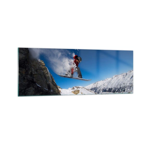 Cuadro sobre vidrio - Impresiones sobre Vidrio - Un snowboarder salta desde una roca frente a un paisaje montañoso. - 140x50cm - Y te convertiste en parte del lugar - Decoración de pared moderna para salón y dormitorio ARTTOR