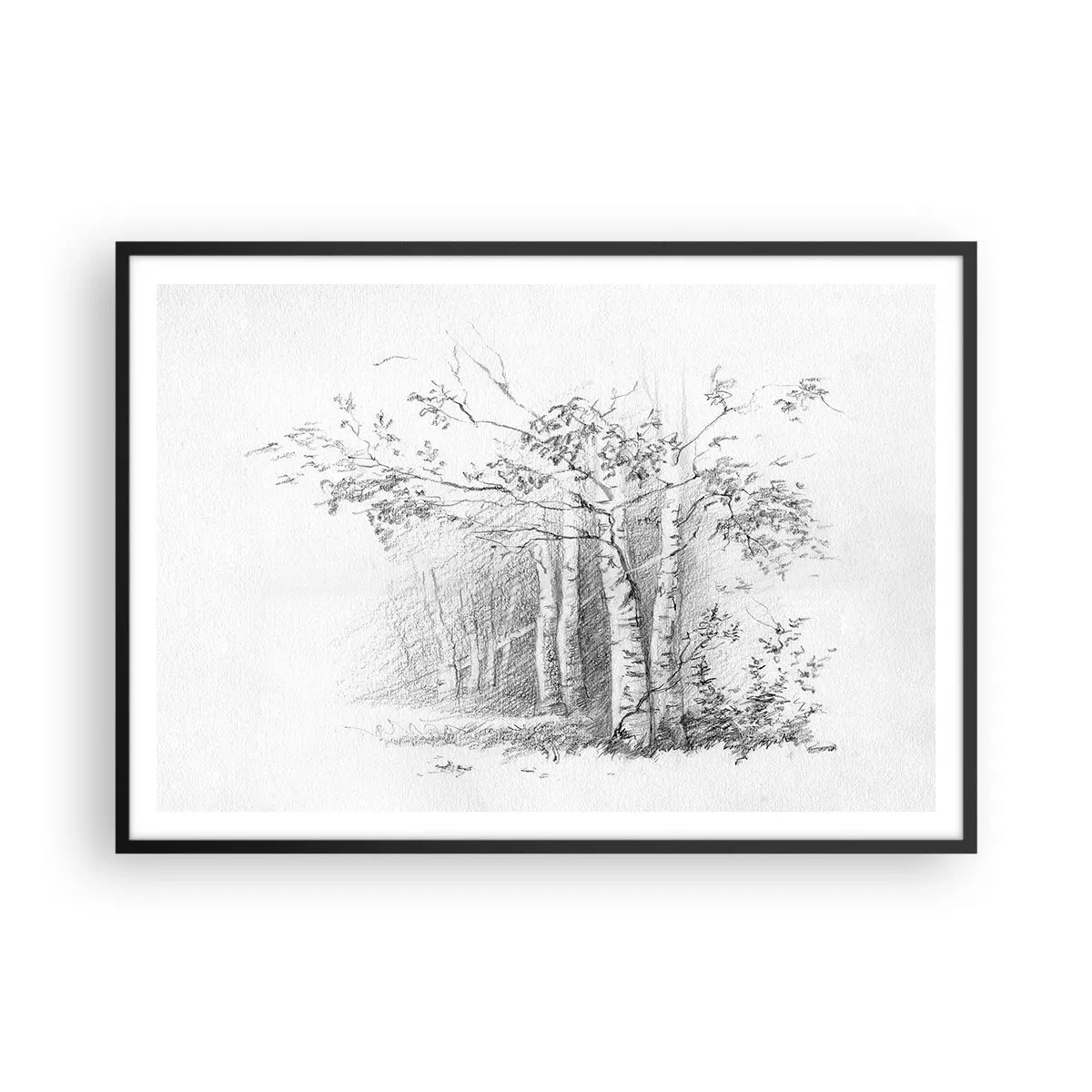 Póster en marco negro - Un dibujo de un bosque de abedules en un sutil boceto a lápiz. - 100x70cm - La luz de un bosque de abedules - Decoración de pared moderna para salón y dormitorio ARTTOR