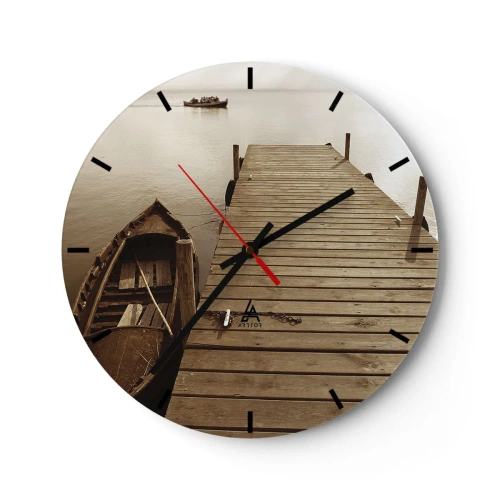 Reloj de pared - Reloj de vidrio - Un barco en un muelle de madera en sepia. - 30x30cm - La auténtica paz - Decoración de pared moderna para salón, cocina y dormitorio ARTTOR