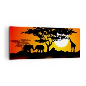 Cuadro sobre lienzo - Impresión de Imagen - Atardecer africano con siluetas de elefantes y jirafas sobre el agua - 120x50cm - Reunión en la sabana - Decoración de pared moderna para salón y dormitorio ARTTOR