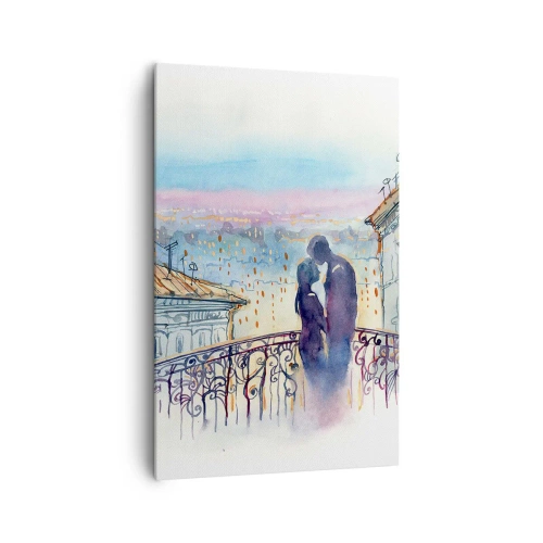 Cuadro sobre lienzo - Impresión de Imagen - Pareja romántica en un balcón con vistas a la ciudad. - 80x120cm - Los amantes de París - Decoración de pared moderna para salón y dormitorio ARTTOR
