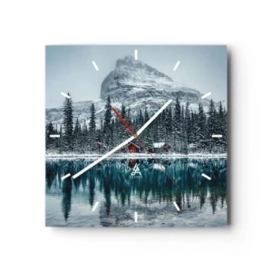 Reloj de pared - Reloj de vidrio - Paisaje invernal con cabañas en el bosque junto a un lago congelado - 30x30cm - Retiro canadiense - Decoración de pared moderna para salón y dormitorio ARTTOR