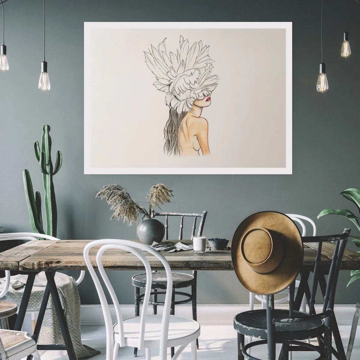 Póster - Retrato de una mujer con decoración de plumas en estilo artístico. - 100x70cm - Belleza coronada - Decoración de pared moderna para salón y dormitorio ARTTOR