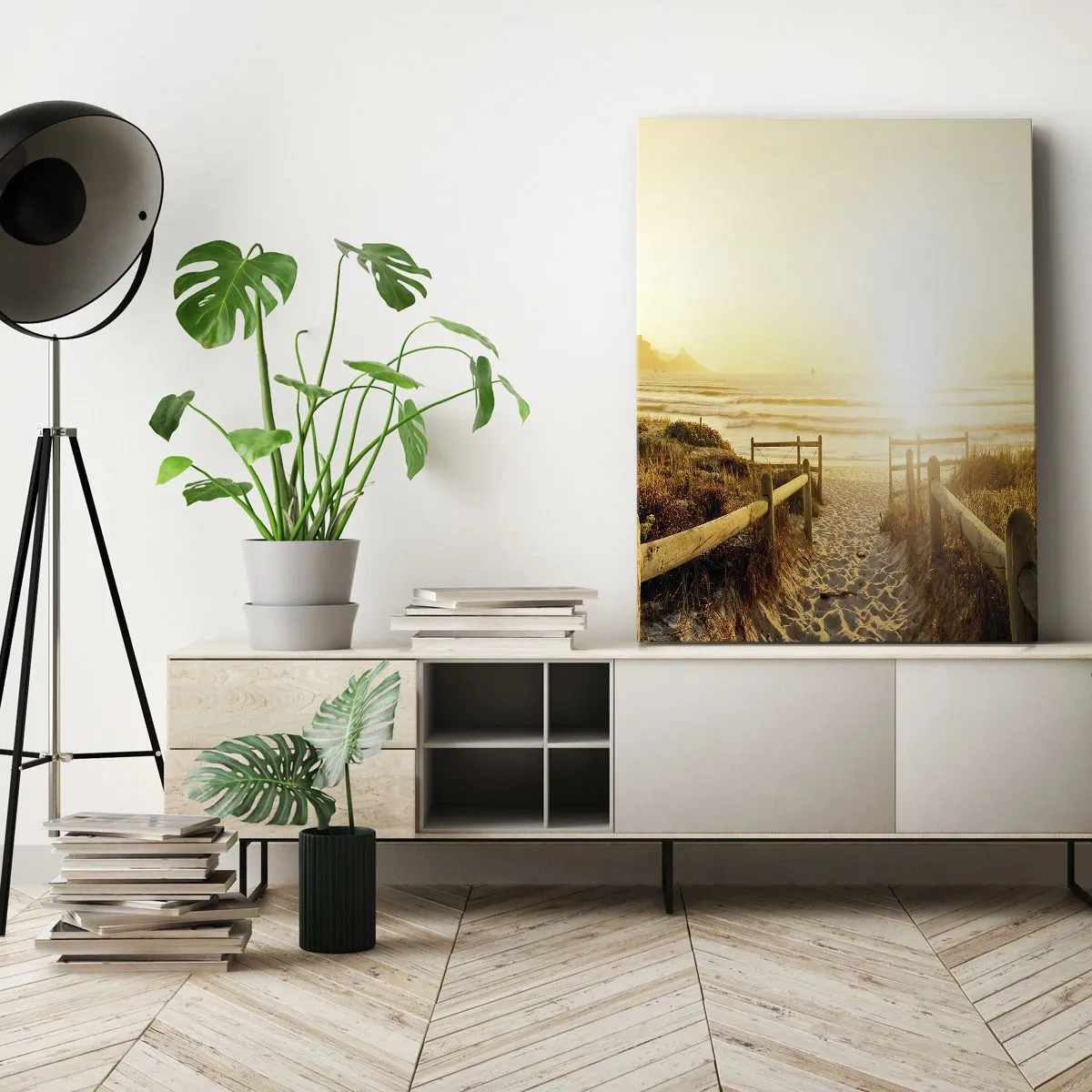 Cuadro sobre lienzo - Impresión de Imagen - Camino a la playa durante un atardecer dorado - 50x70cm - A través de la duna, hacia el sol - Decoración de pared moderna para salón y dormitorio ARTTOR