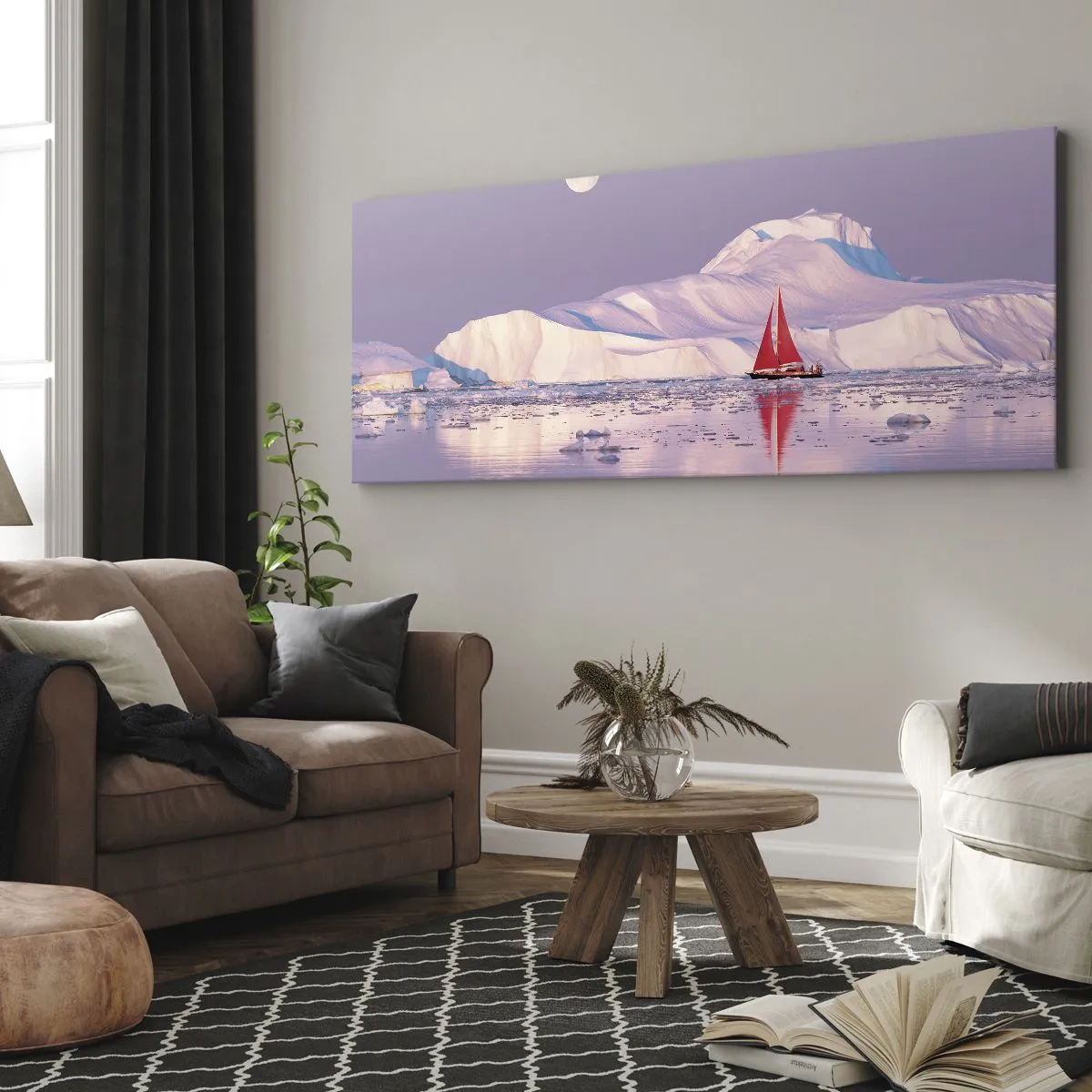 Cuadro sobre lienzo - Impresión de Imagen - Una vela roja con el telón de fondo de montañas heladas y una luna llena. - 140x50cm - El calor de la vela, el frío del hielo - Decoración de pared moderna para salón y dormitorio ARTTOR