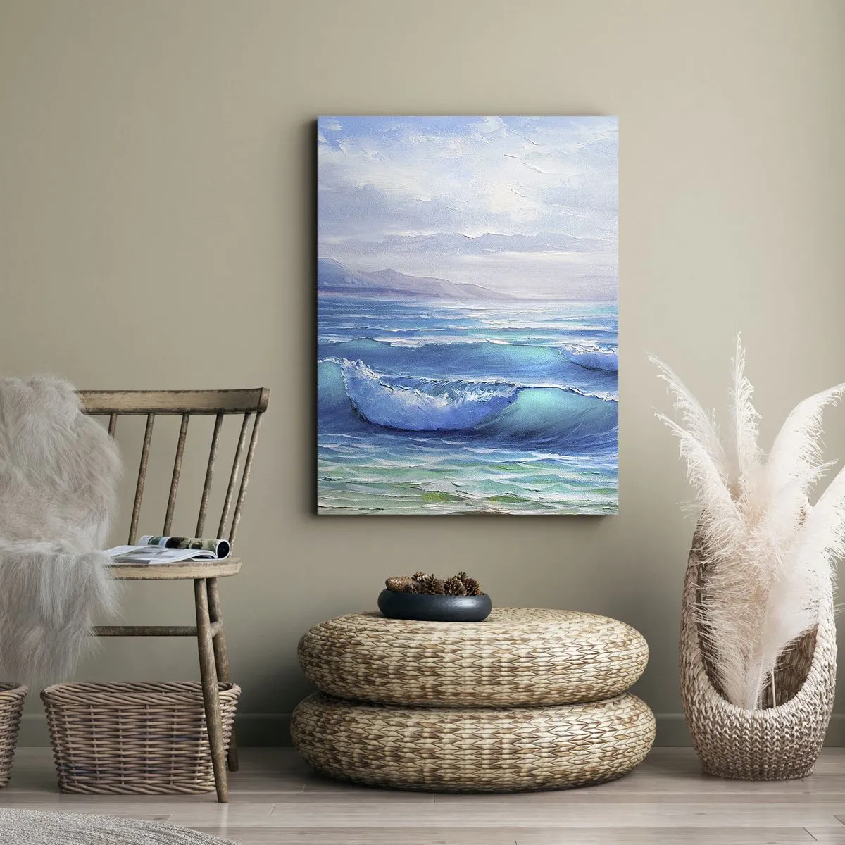 Cuadro sobre lienzo - Impresión de Imagen - Un pintoresco paisaje marino con olas y un cielo azul. - 70x100cm - Trae consuelo - Decoración de pared moderna para salón y dormitorio ARTTOR