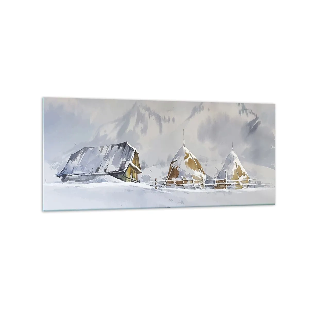Cuadro sobre vidrio - Impresiones sobre Vidrio - Paisaje invernal con una cabaña y pajares en las montañas - 120x50cm - En un valle nevado - Decoración de pared moderna para salón y dormitorio ARTTOR