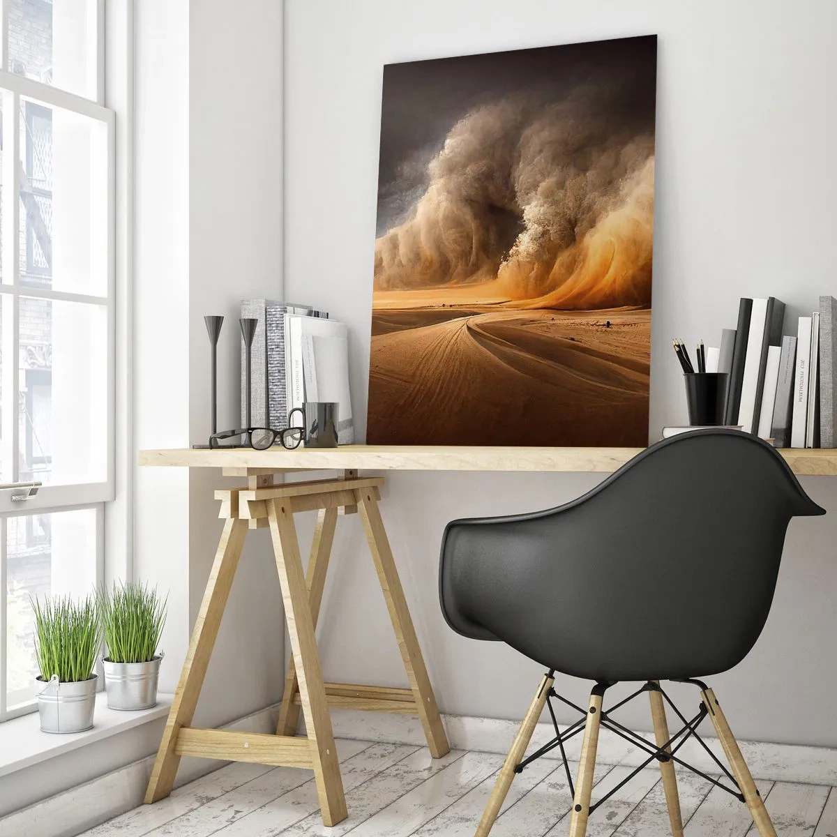 Cuadro sobre vidrio - Impresiones sobre Vidrio - Una tormenta de arena sobre el desierto con una luz dramática - 50x70cm - Ira del desierto - Decoración de pared moderna para salón y dormitorio ARTTOR