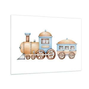 Cuadro sobre vidrio - Impresiones sobre Vidrio - Ilustración de un tren de vapor en tonos azules y beige sobre un fondo blanco. - 70x50cm - De pie en la estación... - Decoración de pared moderna para salón y dormitorio ARTTOR