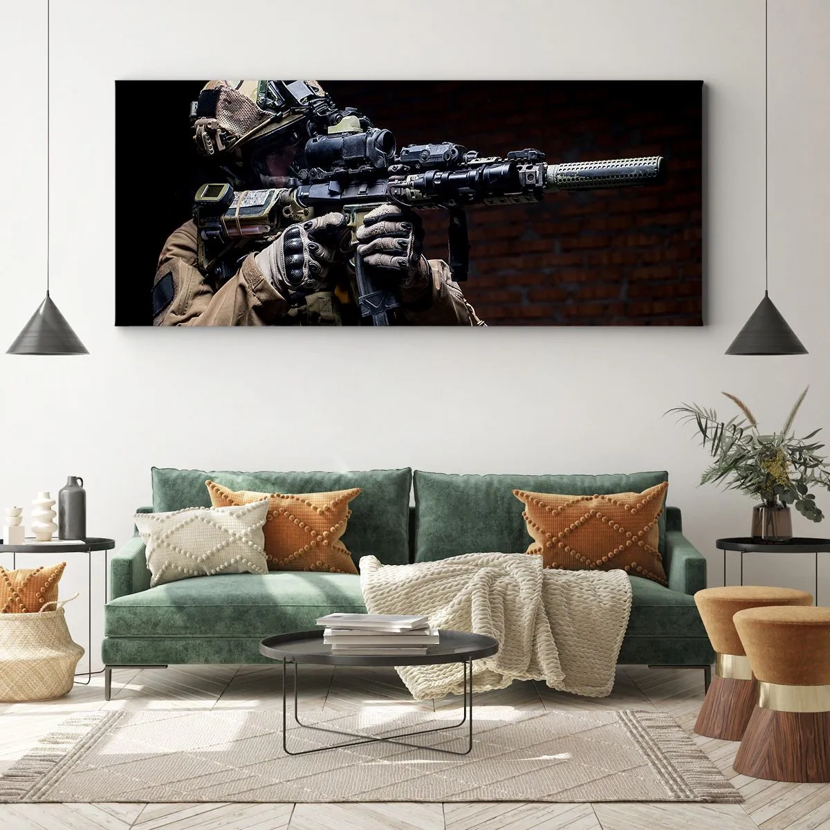 Cuadro sobre lienzo - Impresión de Imagen - Un soldado con equipo completo y un rifle. - 120x50cm - Mortalmente eficaz - Decoración de pared moderna para salón y dormitorio ARTTOR