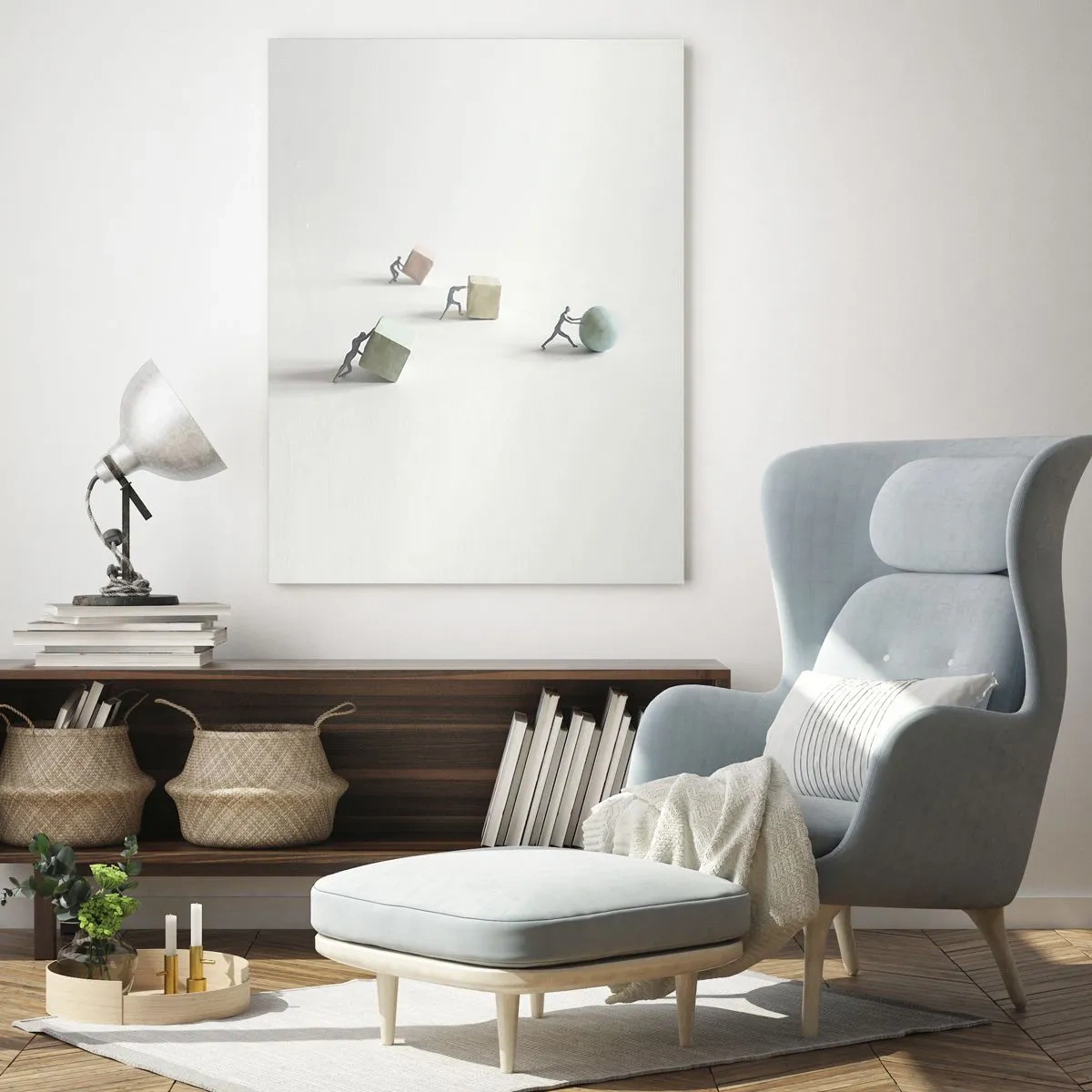 Cuadro sobre vidrio - Impresiones sobre Vidrio - Las figuras en miniatura ruedan y empujan formas geométricas. - 50x70cm - El avance de la geometría - Decoración de pared moderna para salón y dormitorio ARTTOR