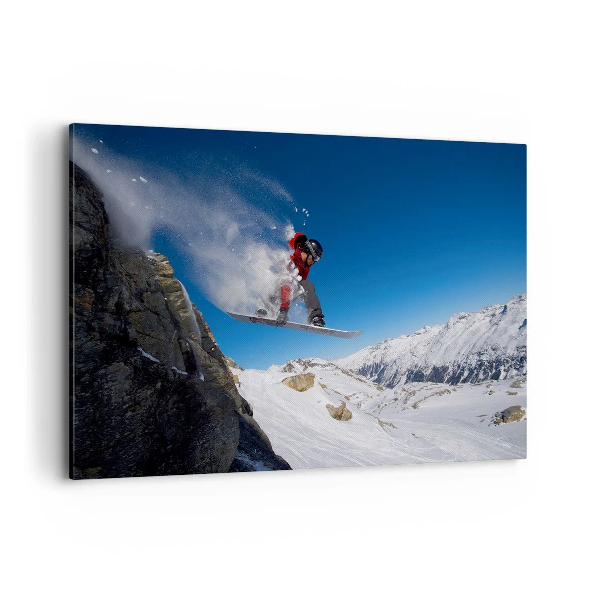 Cuadro sobre lienzo - Impresión de Imagen - Un snowboarder salta desde una roca frente a un paisaje montañoso. - 120x80cm - Y te convertiste en parte del lugar - Decoración de pared moderna para salón y dormitorio ARTTOR