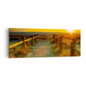Cuadro sobre lienzo - Impresión de Imagen - Un camino de madera que conduce a la playa bajo el resplandor del sol poniente. - 140x50cm - Bañado en oro viejo - Decoración de pared moderna para salón y dormitorio ARTTOR