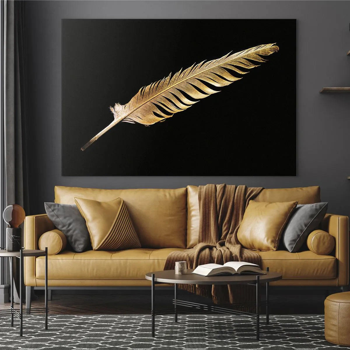Cuadro sobre vidrio - Impresiones sobre Vidrio - Una pluma dorada sobre un fondo negro en estilo minimalista. - 120x80cm - Pluma de alta calidad - Decoración de pared moderna para salón y dormitorio ARTTOR