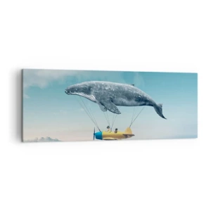 Cuadro sobre lienzo - Impresión de Imagen - Una ballena voladora transporta un avión en un entorno surrealista. - 140x50cm - ¿Por qué no? - Decoración de pared moderna para salón y dormitorio ARTTOR