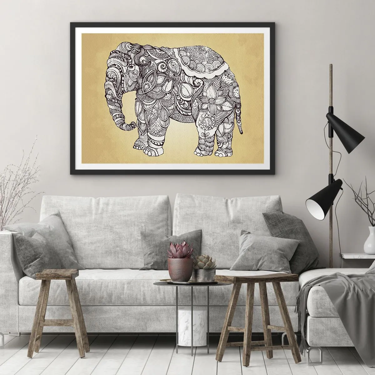 Póster en marco negro - Elefante dibujado a mano con un patrón ornamentado sobre un fondo beige. - 70x50cm - El elefante decorado - Decoración de pared moderna para salón y dormitorio ARTTOR
