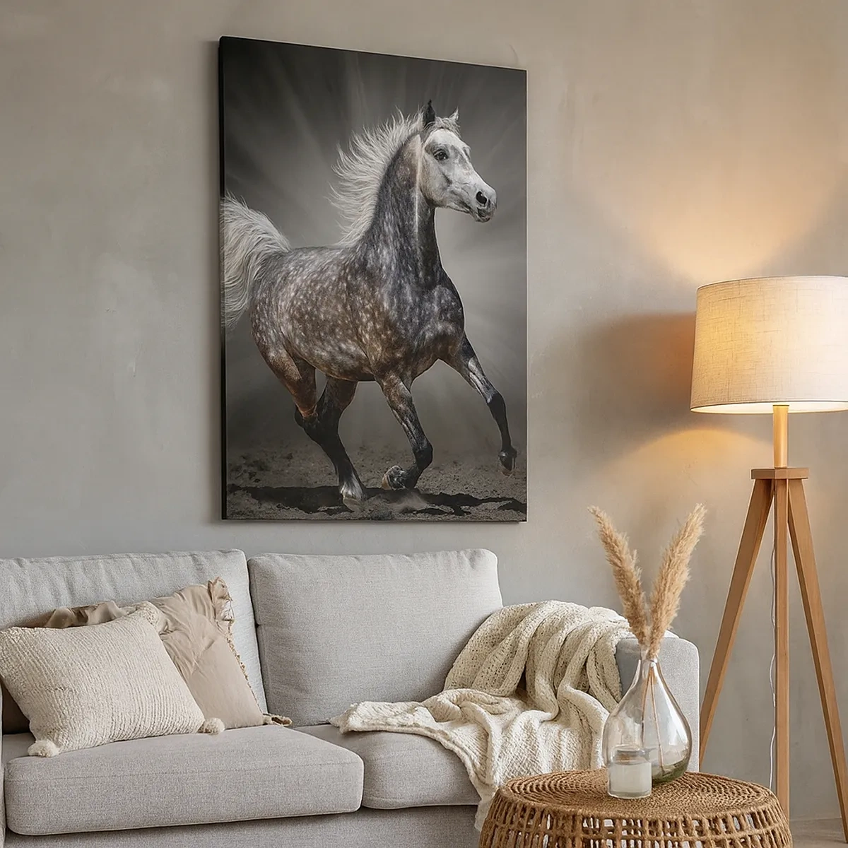 Cuadro sobre lienzo - Impresión de Imagen - Un caballo blanco galopando sobre un fondo oscuro. - 50x70cm - El gris es hermoso - Decoración de pared moderna para salón y dormitorio ARTTOR