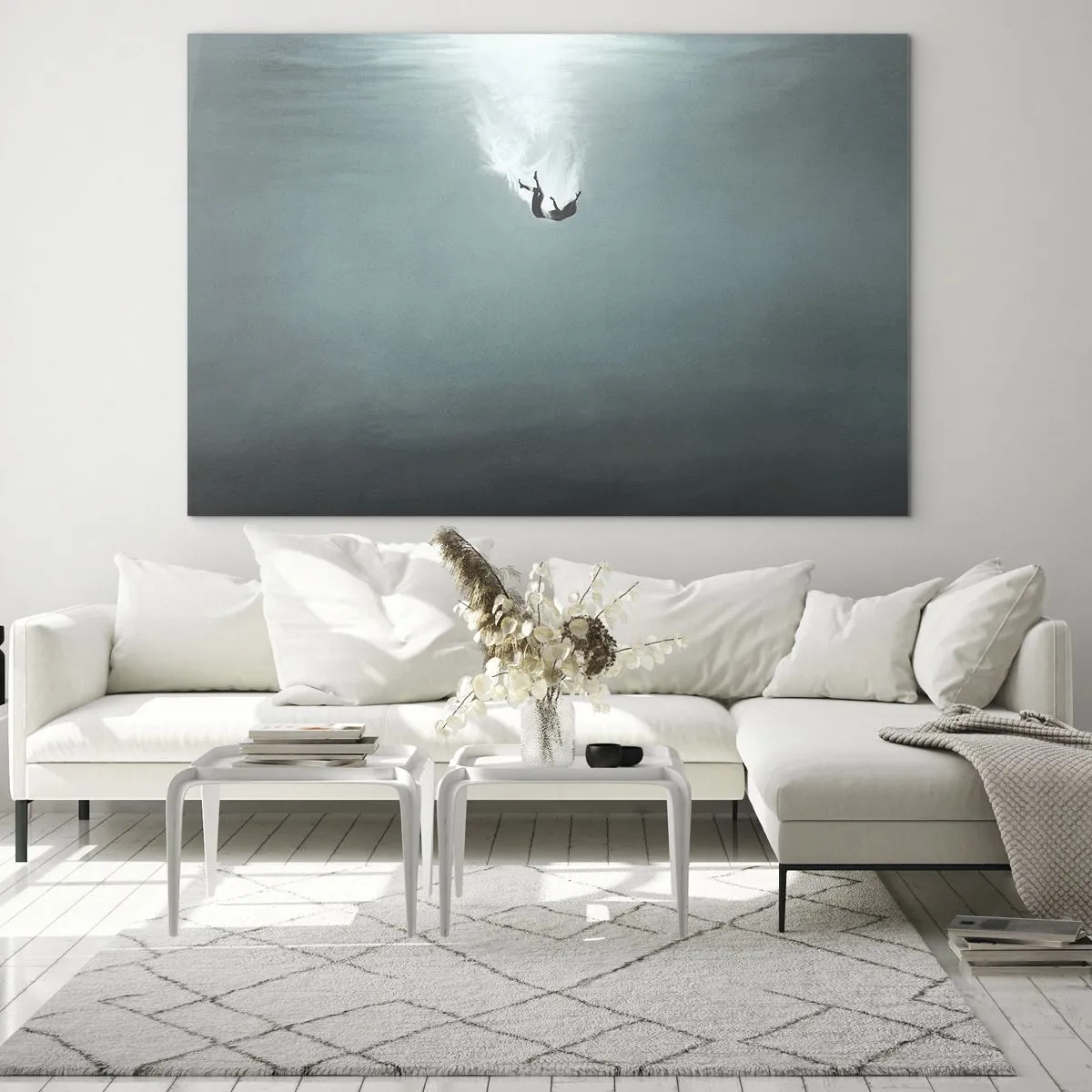 Cuadro sobre vidrio - Impresiones sobre Vidrio - La silueta de un hombre inmerso en las profundidades azules del océano. - 120x80cm - En el abrazo del océano - Decoración de pared moderna para salón y dormitorio ARTTOR